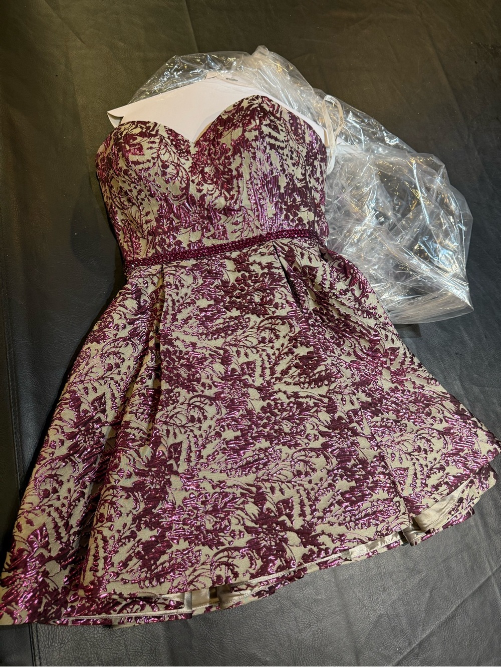 ellie wilde Strapless Floral Jacquard Dress in Burgundy and Cream